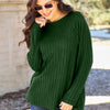 Ribbed Round Neck Long Sleeve Knit Top - Dark Green