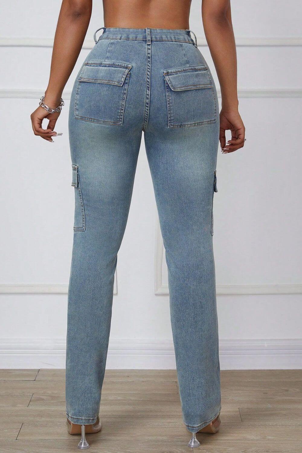 Back view of Bella Road Skinny Jeans with cargo pockets, showcasing a stylish and fitted design in light wash denim.