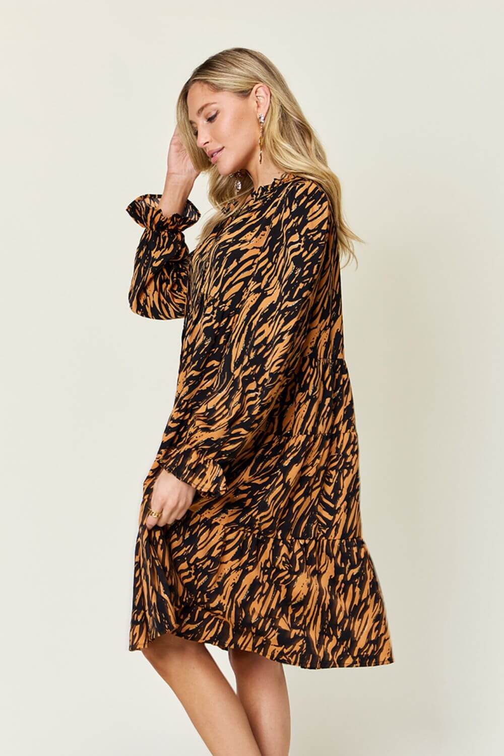 DOUBLE TAKE Full Size Printed Ruffle Hem Long Sleeve Dress at Bella Road