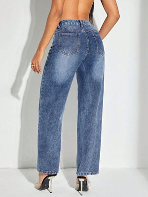 Back view of Bella Road Contrast Patchwork Straight Jeans showcasing pockets and stylish denim design.