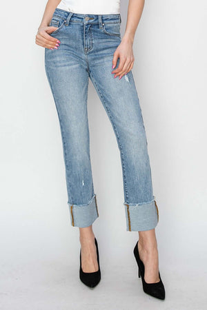 High Rise Cuffed Slim Straight Risen Jeans styled with black heels, perfect for both casual and dressy outfits.