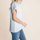 Woman wearing striped contrast short sleeve T-shirt with jeans, side view showing stylish and versatile casual outfit.