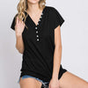 Front Button V-Neck Short Sleeve T-Shirt | Full Size - Black