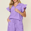 Texture Flounce Sleeve Top and Drawstring Shorts Set | Full Size - Lavender