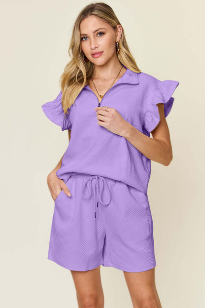 DOUBLE TAKE Full Size Texture Flounce Sleeve Top and Drawstring Shorts Set at Bella Road