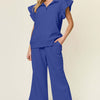 Texture Ruffle Short Sleeve Top and Drawstring Wide Leg Pants Set - Royal Blue