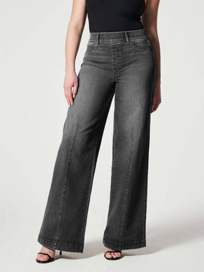 Chic wide leg long jeans in dark grey with moderate stretch, featuring a solid pattern and basic style, perfect for a stylish look.