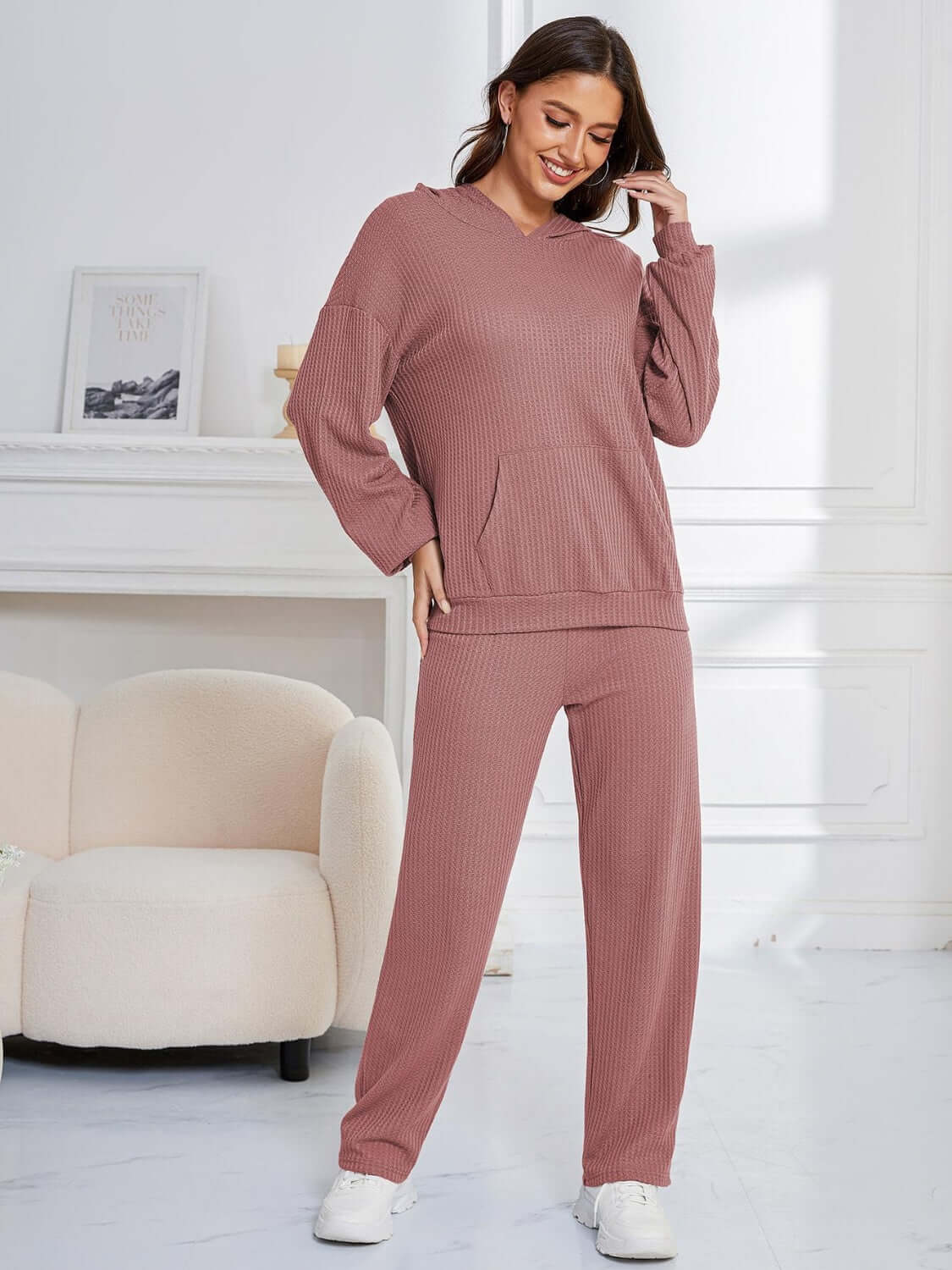 Bella Road dropped shoulder hoodie and pants set in dusty pink, cozy and stylish loungewear with pockets.