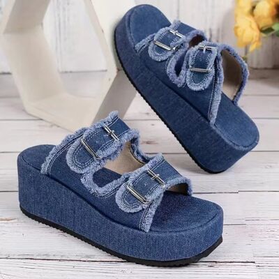 Bella Road Raw Hem Wedge Buckle Sandals in denim blue with trendy buckle design and raw hem for stylish comfort.