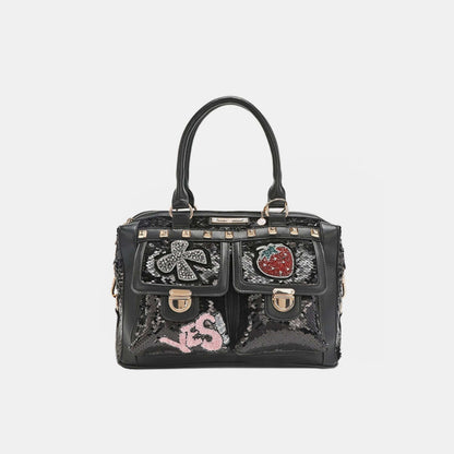 Nicole Lee USA Sequin Patch Boston Bag with vegan leather accents and patch design, medium size handbag for stylish outings.