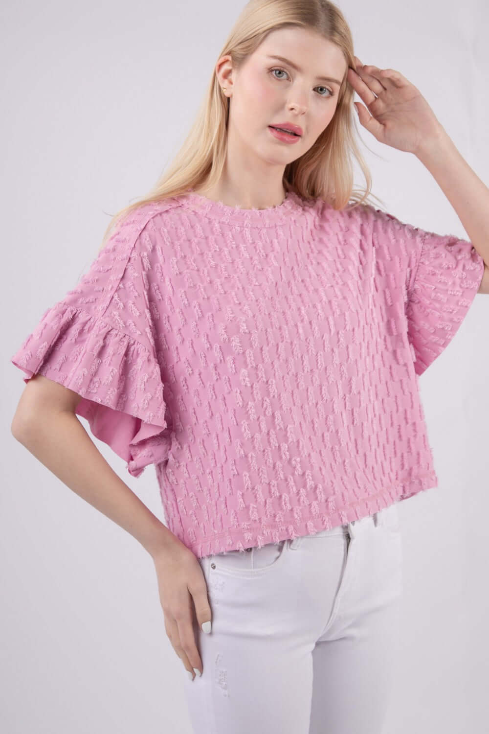 VERY J Full Size Texture Ruffle Short Sleeve Top at Bella Road