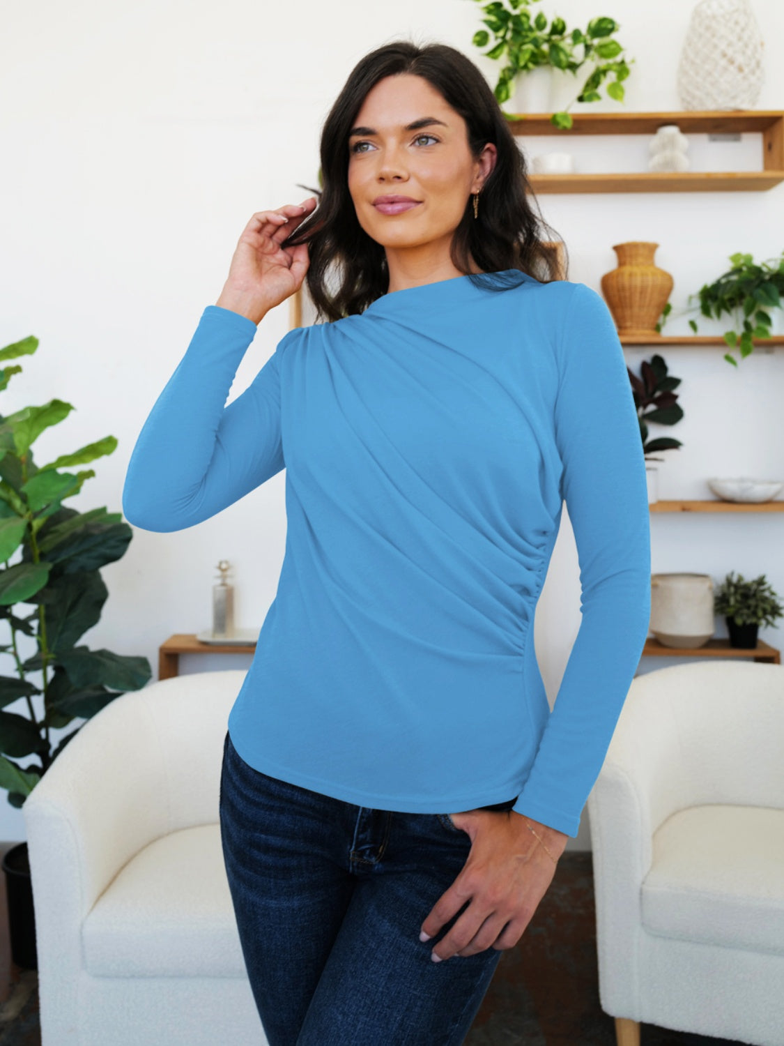 Woman wearing FAM-FAM French Blue ruched mock neck long sleeve t-shirt, perfect stylish fall outfit for layering.