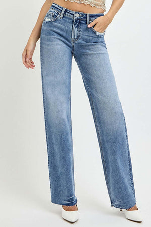 High rise straight leg jeans with pockets showcasing a stylish and comfortable fit, perfect for everyday fashion and flattering the waistline.