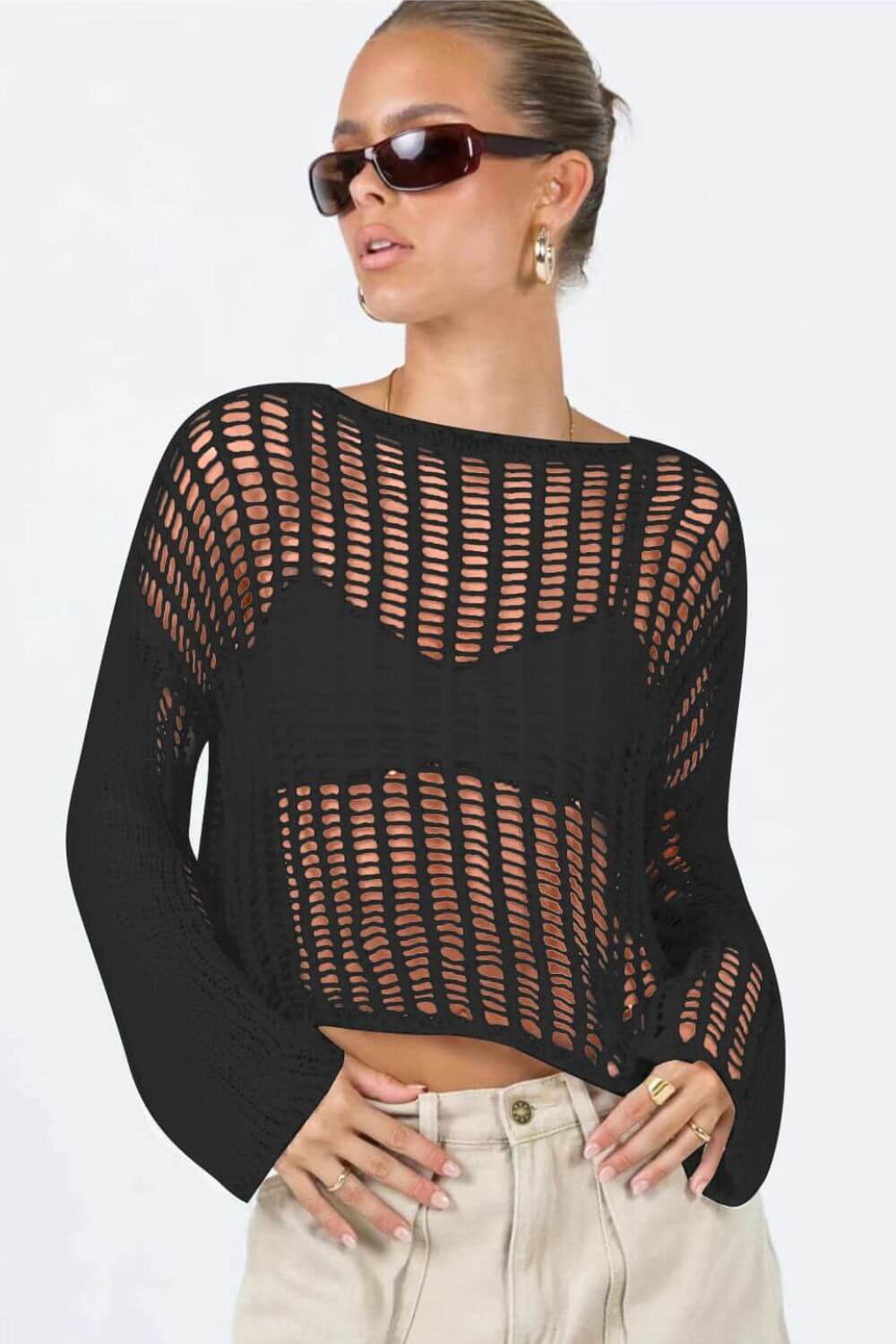 BELLA ROAD Openwork Boat Neck Long Sleeve Cover Up at Bella Road