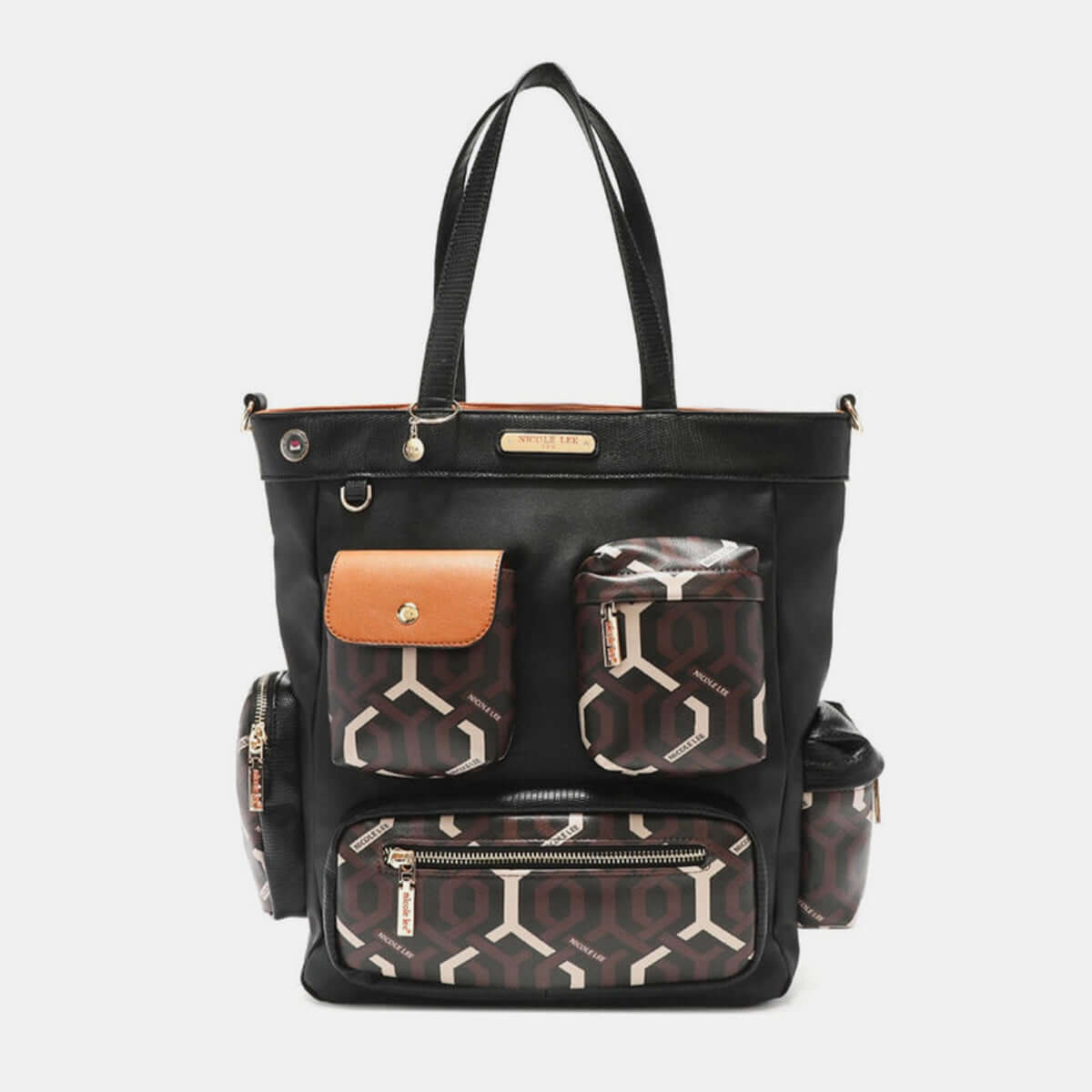 Nicole Lee USA large geometric pattern tote bag with vegan leather and five exterior compartments for essentials.