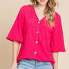 Texture Decorative Button V-Neck Top - Fuchsia