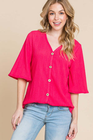 BOMBOM Texture Decorative Button V-Neck Top at Bella Road