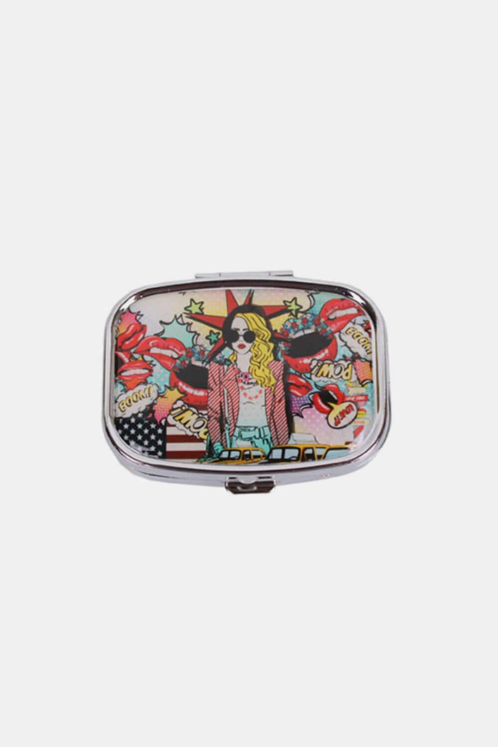 Nicole Lee USA Print Metallic Rectangular Pill Case with signature print, compact design, and push lock closure.