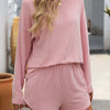 Double Take Round Neck Long Sleeve Top and Shorts Set - Blush Pink