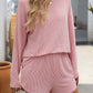 Double Take Round Neck Long Sleeve Top and Shorts Set in pink with pockets, perfect for casual outings or lounging at home.