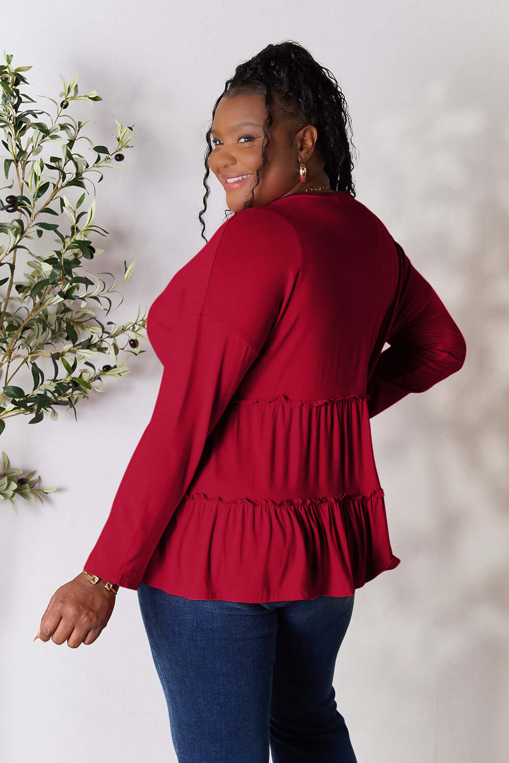 DOUBLE TAKE Half Button Long Sleeve Ruffle Hem Blouse at Bella Road