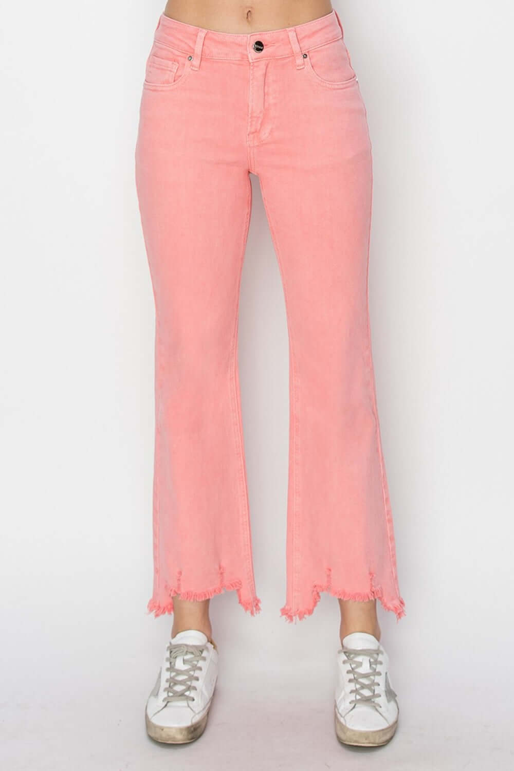 Risen Jeans raw hem bootcut jeans with pockets in trendy pink, showcasing a modern and edgy look perfect for casual or dressy outfits.