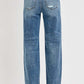 Back view of RISEN full size distressed wide leg jeans in a relaxed fit with stylish detailing.