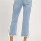 Back view of RISEN Full Size High Rise Raw Edge Crop Jeans with raw hem detailing, showing a stylish, contemporary look.