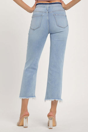 Back view of RISEN Full Size High Rise Raw Edge Crop Jeans with raw hem detailing, showing a stylish, contemporary look.