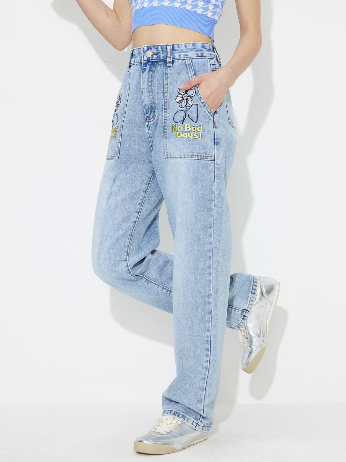 Bella Road "No Bad Days" Flower High Rise Straight Leg Jeans with embroidered pockets, stylish denim fashion.