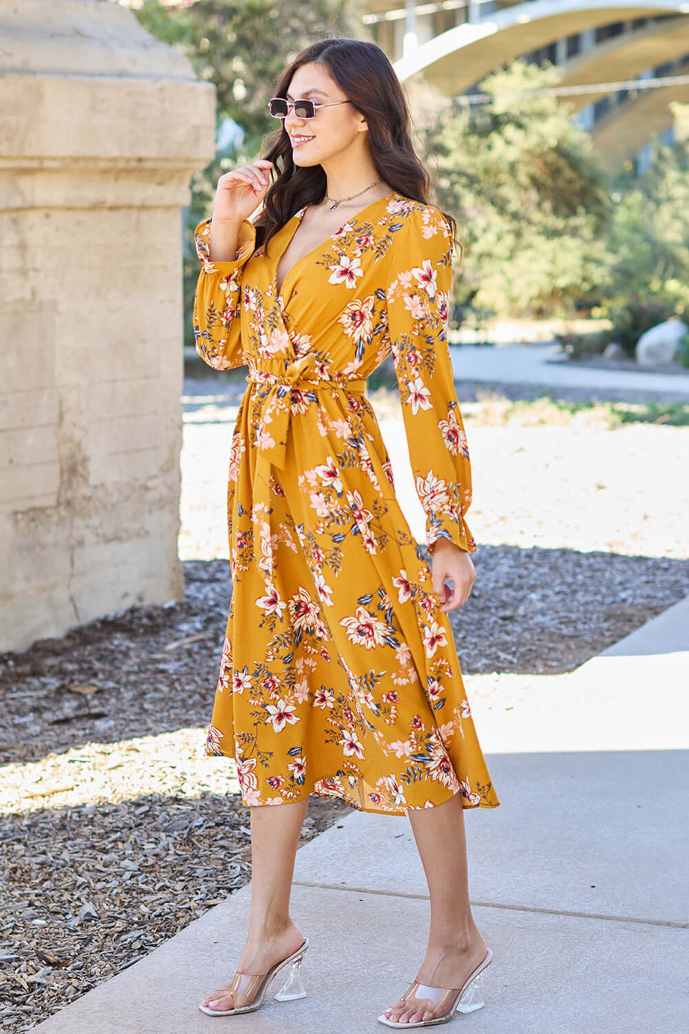 DOUBLE TAKE Full Size Floral Tie Back Flounce Sleeve Dress at Bella Road