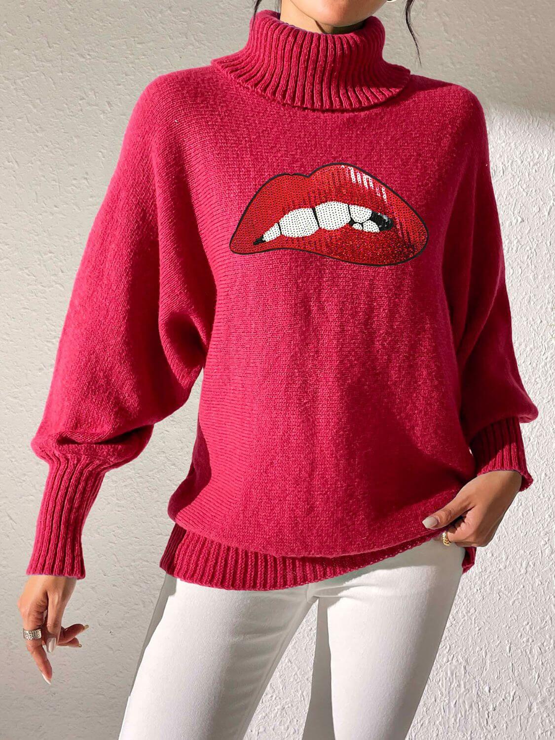 Bella Road Lip Turtleneck Sweater in red, featuring bold lip design, stylish and playful winter fashion with moderate stretch.