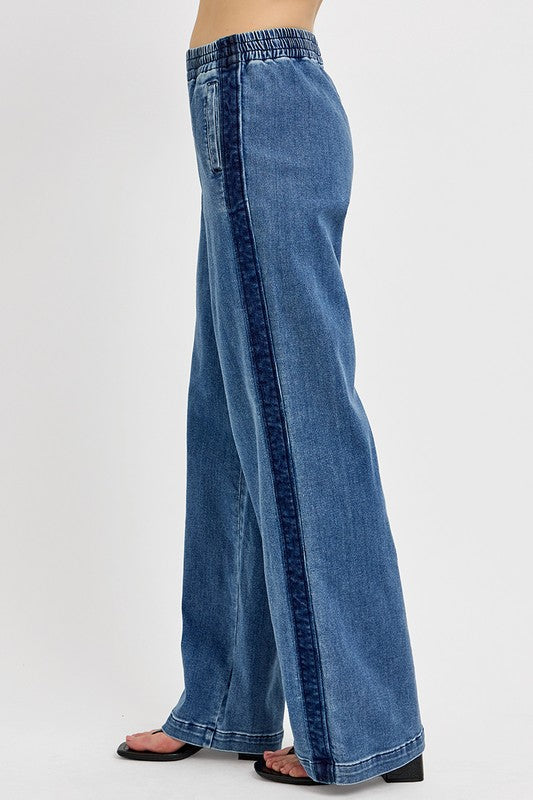 RISEN Plus Size Elastic Waist Wide Leg Jeans in blue, showcasing a stylish and relaxed fit, perfect for casual occasions.