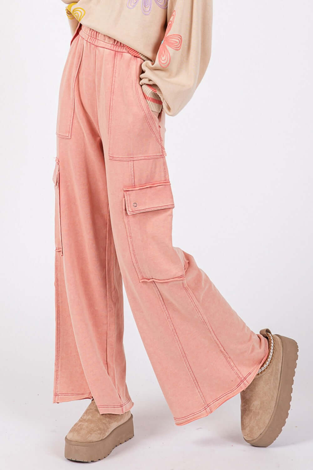 Knit Terry Mineral Wash Wide Leg Pants in pink with pockets, showcasing a trendy and relaxed fit for comfortable all-day wear.