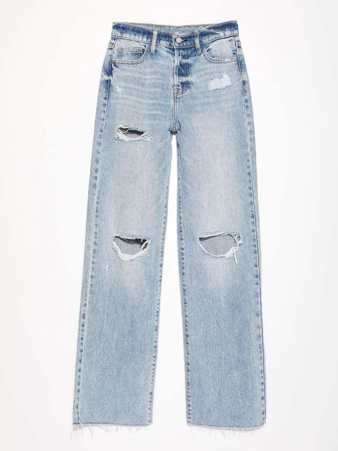 Bella Road distressed straight leg jeans with pockets in light blue denim, featuring ripped details and a button closure.