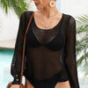 Openwork Scoop Neck Long Sleeve Cover-Up - Black