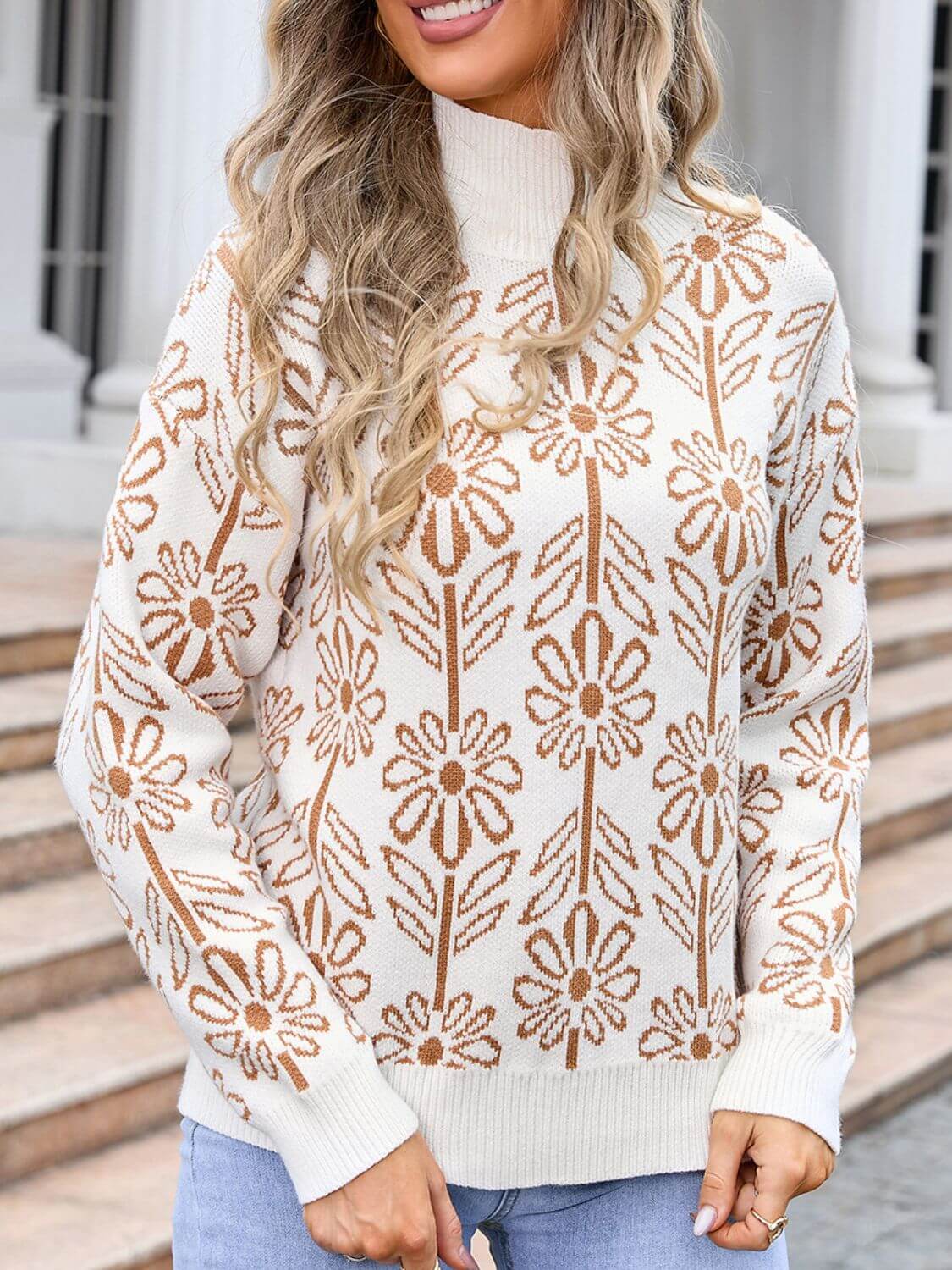 Woman wearing Angel Wings Flower Turtleneck Long Sleeve Sweater with floral design, perfect for a stylish and playful look.