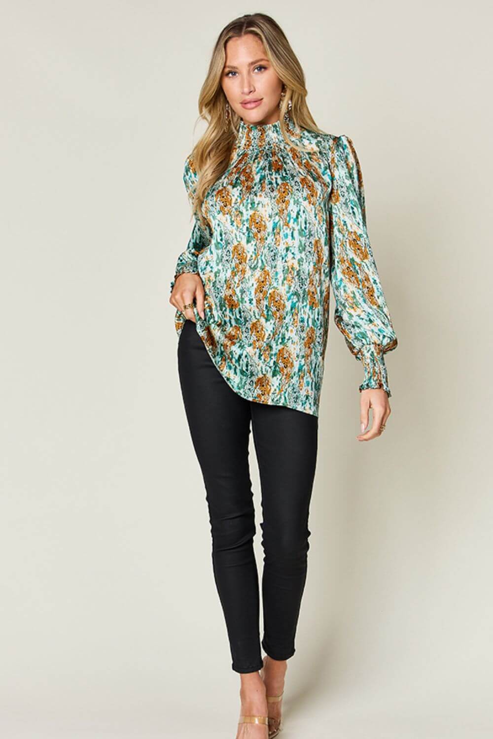 DOUBLE TAKE Full Size Printed Smocked Long Sleeve Blouse at Bella Road