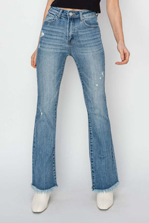 High Rise Frayed Hem Bootcut Risen Jeans - Trendy and versatile denim with a flattering high waist, edgy frayed hem, perfect for any look.