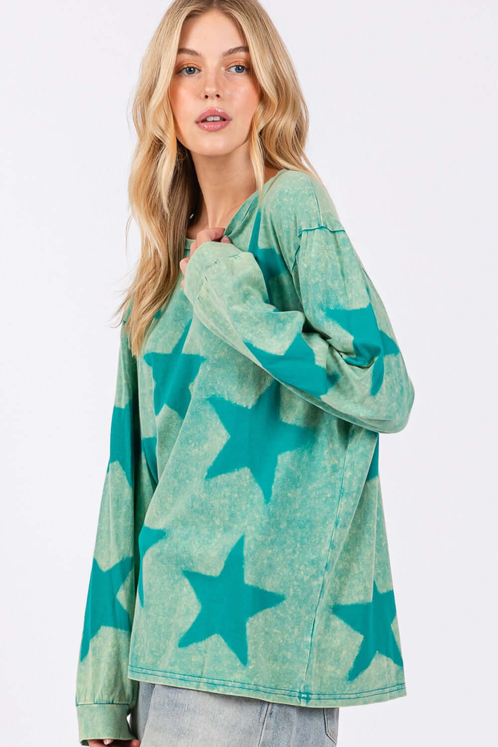 Trendy mineral wash star pattern T-shirt from SAGE + FIG, featuring a unique washed effect for a stylish, edgy look.