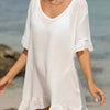 Tied Ruffled Half Sleeve Cover-Up - White