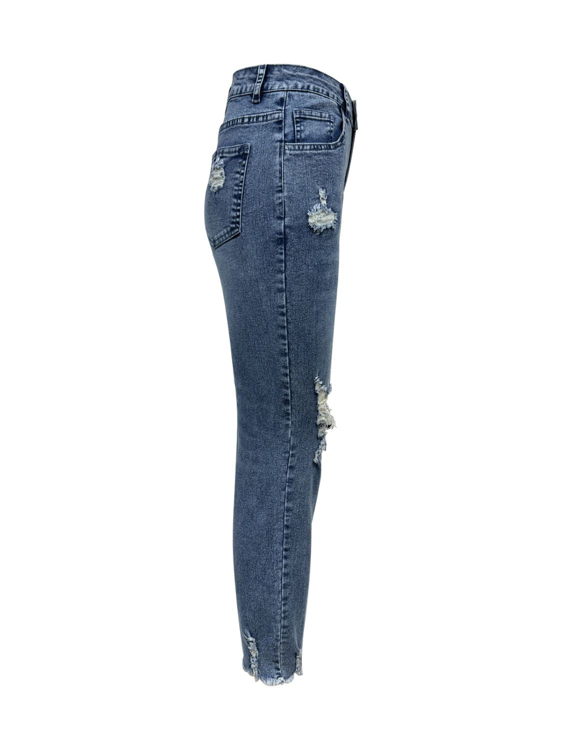 Bella Road Distressed Raw Hem Jeans with Pockets - side profile showcasing edgy design and moderate stretch denim.