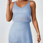 Light blue openwork V-neck sleeveless cover up dress, sheer and stretchy, made of 100% acrylic, perfect for beachwear.