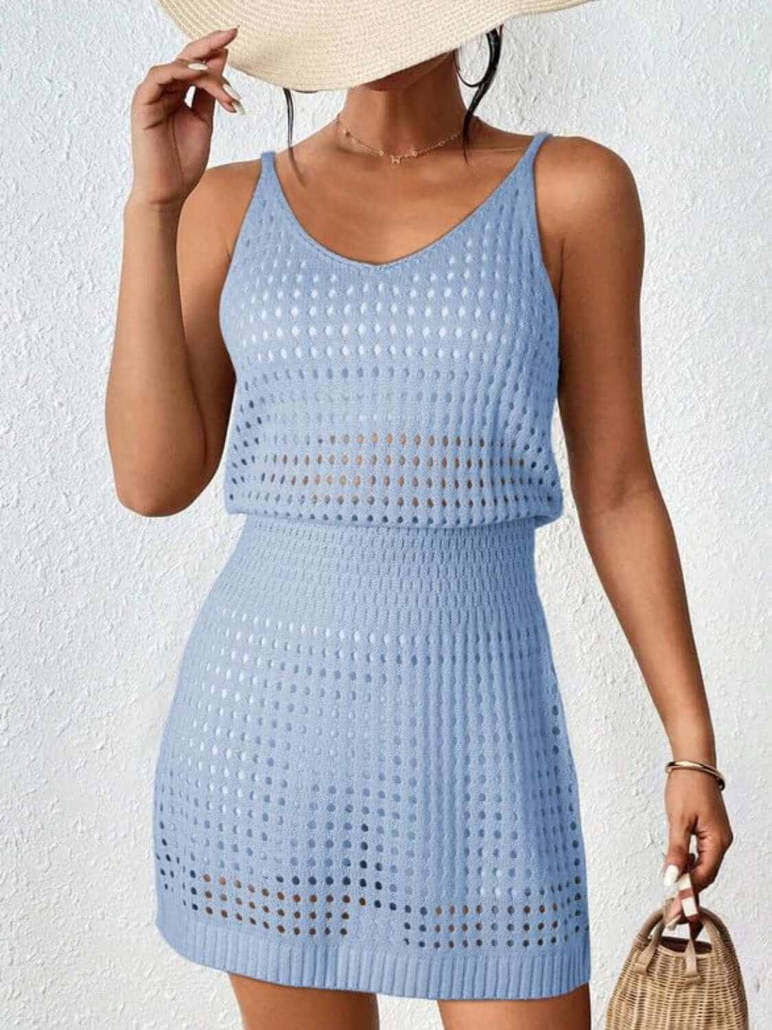 Light blue openwork V-neck sleeveless cover up dress, sheer and stretchy, made of 100% acrylic, perfect for beachwear.