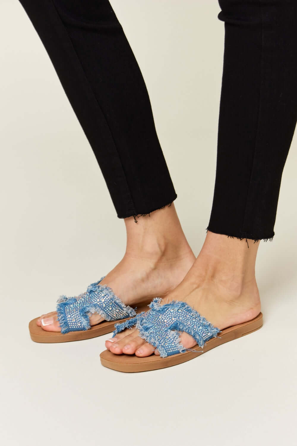 FOREVER LINK Raw Trim Denim H-Band Flat Sandals at Bella Road