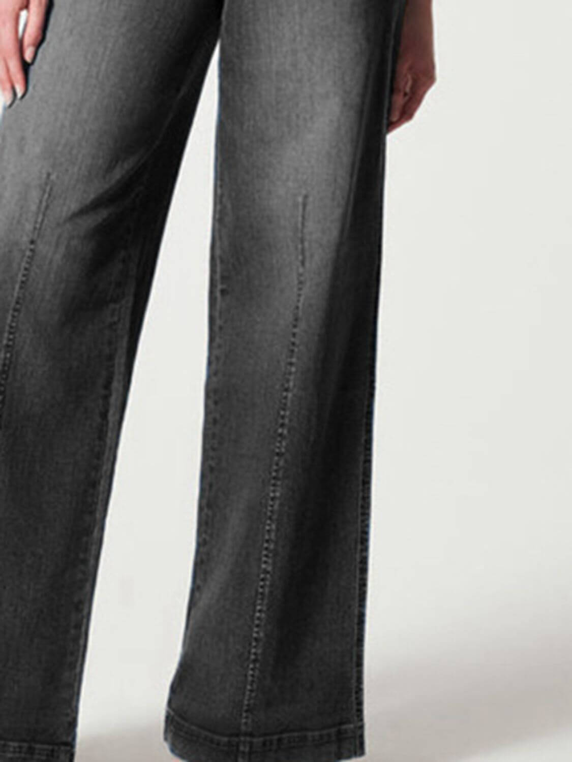 Wide leg long jeans in dark wash with moderate stretch, featuring a chic and basic style for casual wear.