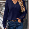 Ribbed V-Neck Long Sleeve T-Shirt - Navy