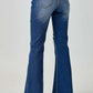 Distressed Button-Fly Flare Risen Jeans with pockets and slightly stretchy material, featuring a stylish washed design, back view