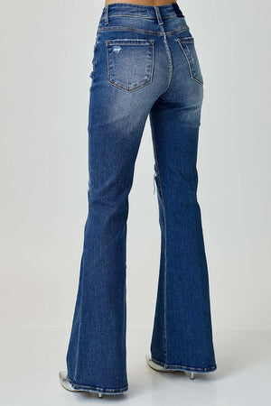 Distressed Button-Fly Flare Risen Jeans with pockets and slightly stretchy material, featuring a stylish washed design, back view