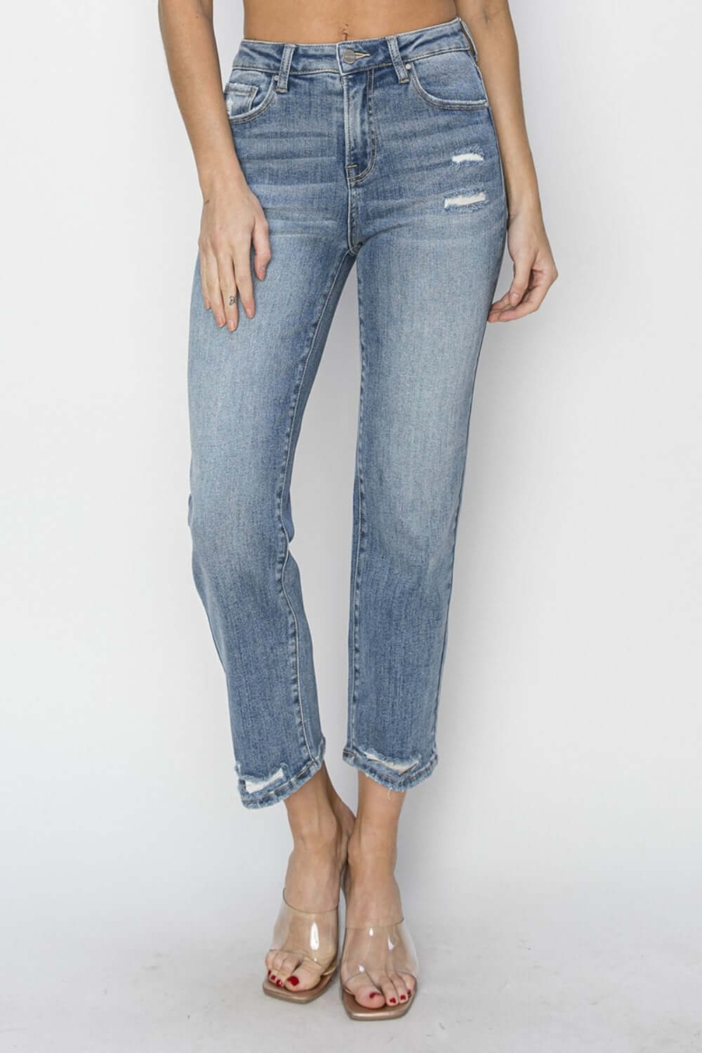 High Waist Distressed Cropped Risen Jeans - Trendy and edgy denim with a flattering high waist and rugged detailing for a stylish, comfortable look.